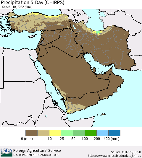 Middle East and Turkey Precipitation 5-Day (CHIRPS) Thematic Map For 9/6/2022 - 9/10/2022