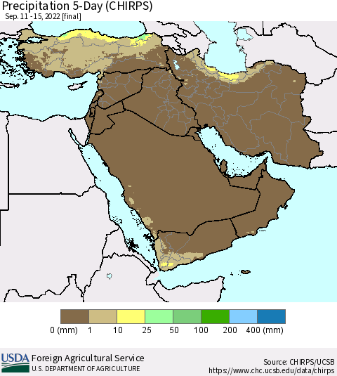 Middle East and Turkey Precipitation 5-Day (CHIRPS) Thematic Map For 9/11/2022 - 9/15/2022