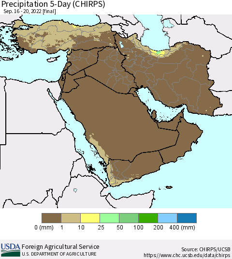 Middle East and Turkey Precipitation 5-Day (CHIRPS) Thematic Map For 9/16/2022 - 9/20/2022
