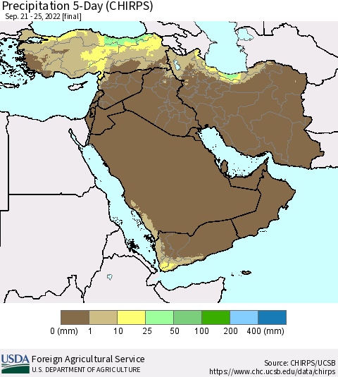 Middle East and Turkey Precipitation 5-Day (CHIRPS) Thematic Map For 9/21/2022 - 9/25/2022