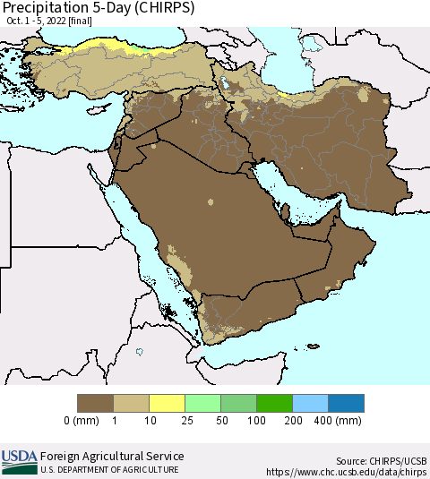 Middle East and Turkey Precipitation 5-Day (CHIRPS) Thematic Map For 10/1/2022 - 10/5/2022