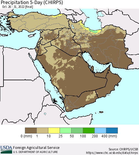 Middle East and Turkey Precipitation 5-Day (CHIRPS) Thematic Map For 10/26/2022 - 10/31/2022