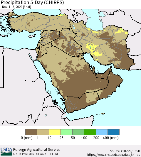 Middle East and Turkey Precipitation 5-Day (CHIRPS) Thematic Map For 11/1/2022 - 11/5/2022