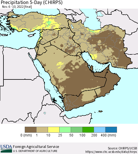 Middle East and Turkey Precipitation 5-Day (CHIRPS) Thematic Map For 11/6/2022 - 11/10/2022
