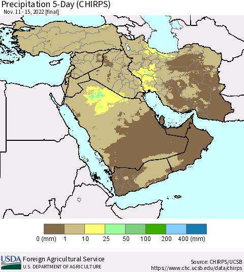 Middle East and Turkey Precipitation 5-Day (CHIRPS) Thematic Map For 11/11/2022 - 11/15/2022
