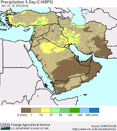 Middle East and Turkey Precipitation 5-Day (CHIRPS) Thematic Map For 11/16/2022 - 11/20/2022
