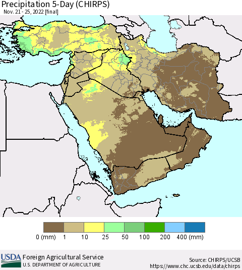 Middle East and Turkey Precipitation 5-Day (CHIRPS) Thematic Map For 11/21/2022 - 11/25/2022
