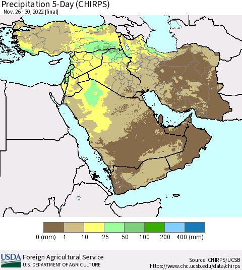 Middle East and Turkey Precipitation 5-Day (CHIRPS) Thematic Map For 11/26/2022 - 11/30/2022