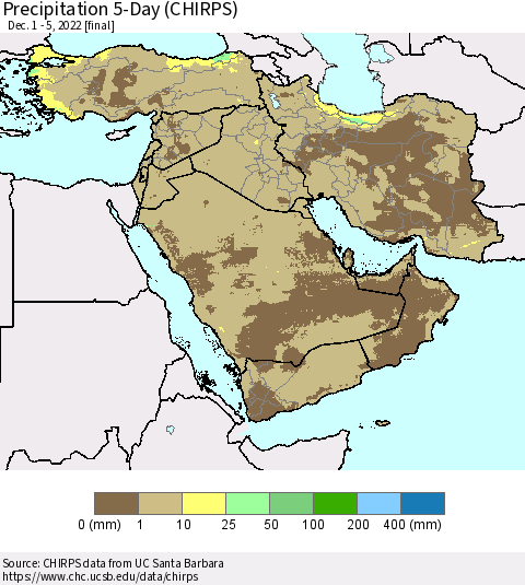 Middle East and Turkey Precipitation 5-Day (CHIRPS) Thematic Map For 12/1/2022 - 12/5/2022