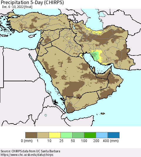 Middle East and Turkey Precipitation 5-Day (CHIRPS) Thematic Map For 12/6/2022 - 12/10/2022