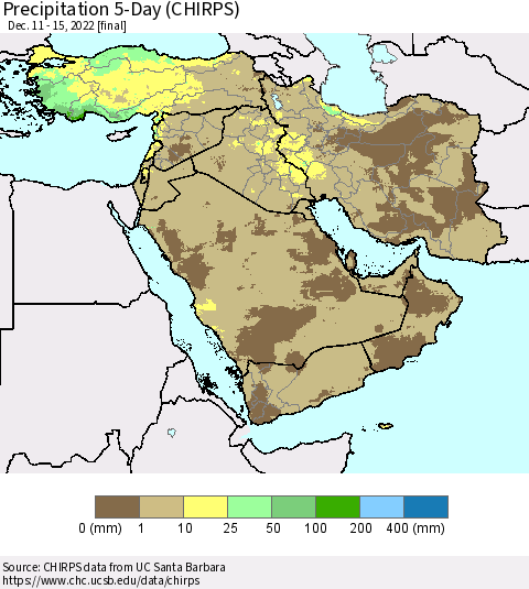 Middle East and Turkey Precipitation 5-Day (CHIRPS) Thematic Map For 12/11/2022 - 12/15/2022