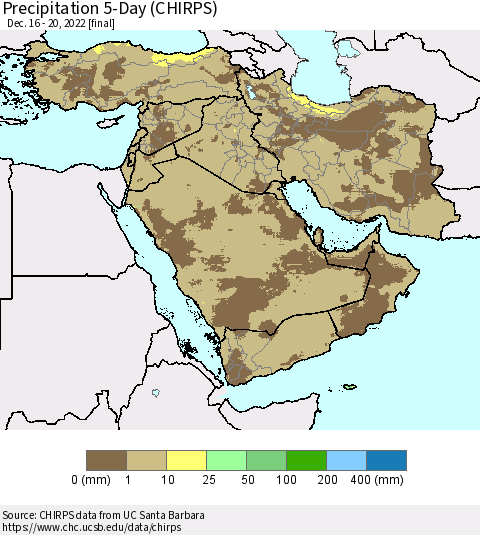 Middle East and Turkey Precipitation 5-Day (CHIRPS) Thematic Map For 12/16/2022 - 12/20/2022