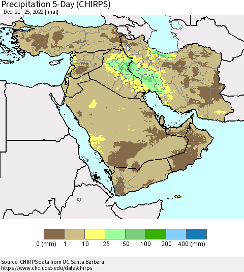 Middle East and Turkey Precipitation 5-Day (CHIRPS) Thematic Map For 12/21/2022 - 12/25/2022