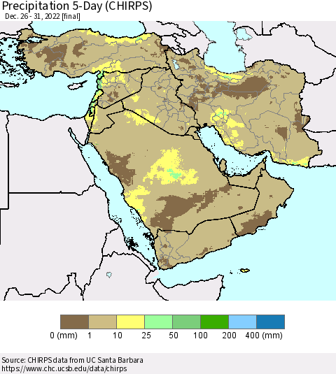 Middle East and Turkey Precipitation 5-Day (CHIRPS) Thematic Map For 12/26/2022 - 12/31/2022