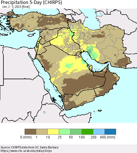 Middle East and Turkey Precipitation 5-Day (CHIRPS) Thematic Map For 1/1/2023 - 1/5/2023