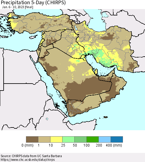 Middle East and Turkey Precipitation 5-Day (CHIRPS) Thematic Map For 1/6/2023 - 1/10/2023