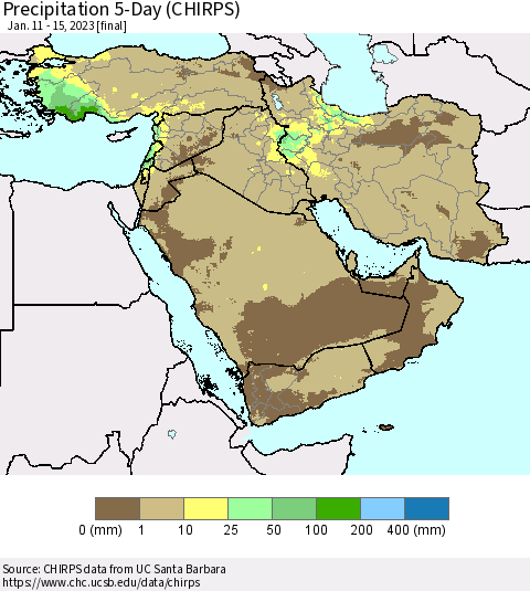 Middle East and Turkey Precipitation 5-Day (CHIRPS) Thematic Map For 1/11/2023 - 1/15/2023