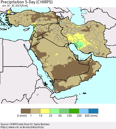 Middle East and Turkey Precipitation 5-Day (CHIRPS) Thematic Map For 1/16/2023 - 1/20/2023