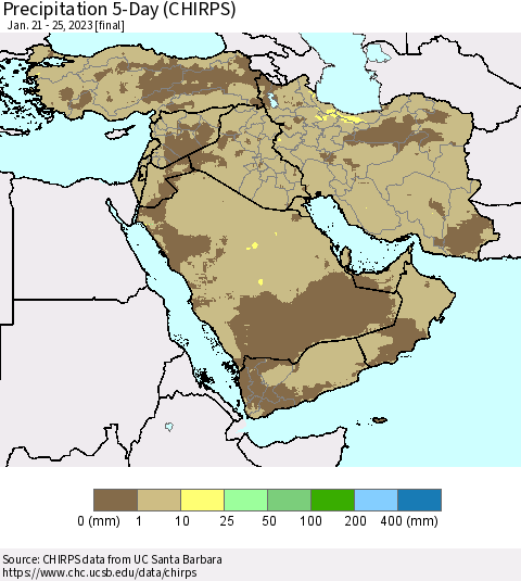 Middle East and Turkey Precipitation 5-Day (CHIRPS) Thematic Map For 1/21/2023 - 1/25/2023