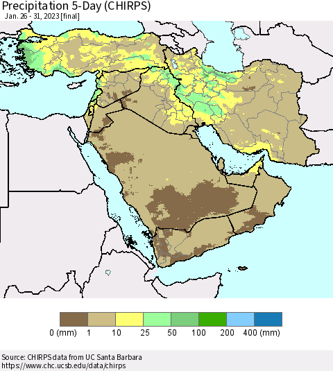 Middle East and Turkey Precipitation 5-Day (CHIRPS) Thematic Map For 1/26/2023 - 1/31/2023