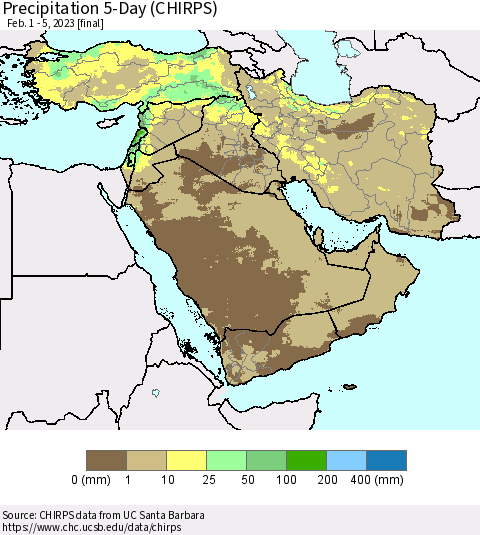 Middle East and Turkey Precipitation 5-Day (CHIRPS) Thematic Map For 2/1/2023 - 2/5/2023