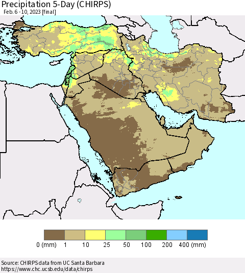 Middle East and Turkey Precipitation 5-Day (CHIRPS) Thematic Map For 2/6/2023 - 2/10/2023