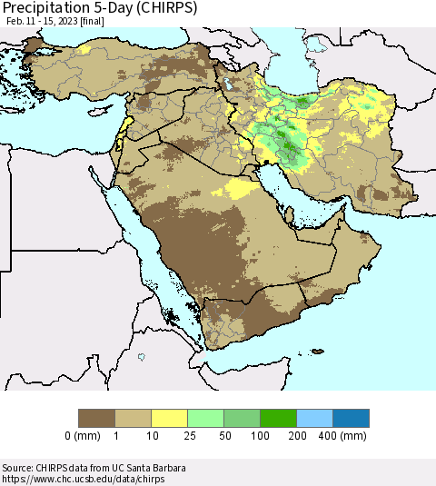Middle East and Turkey Precipitation 5-Day (CHIRPS) Thematic Map For 2/11/2023 - 2/15/2023