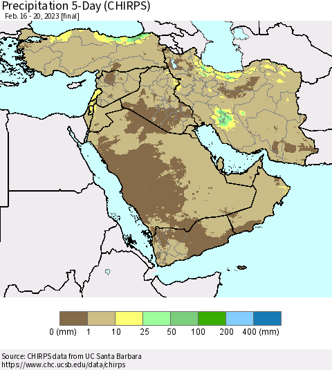Middle East and Turkey Precipitation 5-Day (CHIRPS) Thematic Map For 2/16/2023 - 2/20/2023