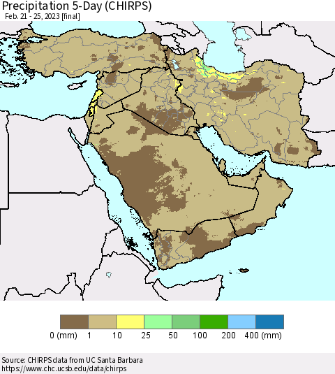 Middle East and Turkey Precipitation 5-Day (CHIRPS) Thematic Map For 2/21/2023 - 2/25/2023