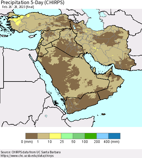 Middle East and Turkey Precipitation 5-Day (CHIRPS) Thematic Map For 2/26/2023 - 2/28/2023