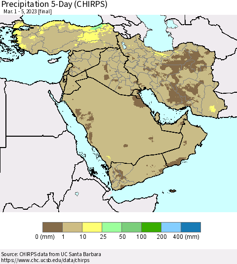Middle East and Turkey Precipitation 5-Day (CHIRPS) Thematic Map For 3/1/2023 - 3/5/2023