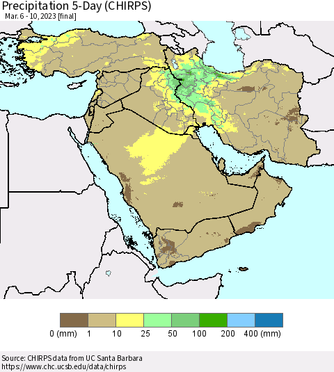 Middle East and Turkey Precipitation 5-Day (CHIRPS) Thematic Map For 3/6/2023 - 3/10/2023
