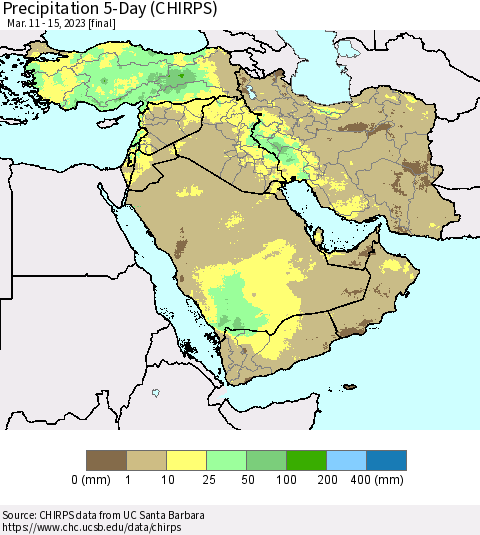 Middle East and Turkey Precipitation 5-Day (CHIRPS) Thematic Map For 3/11/2023 - 3/15/2023
