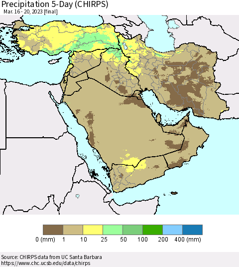 Middle East and Turkey Precipitation 5-Day (CHIRPS) Thematic Map For 3/16/2023 - 3/20/2023
