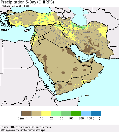 Middle East and Turkey Precipitation 5-Day (CHIRPS) Thematic Map For 3/21/2023 - 3/25/2023