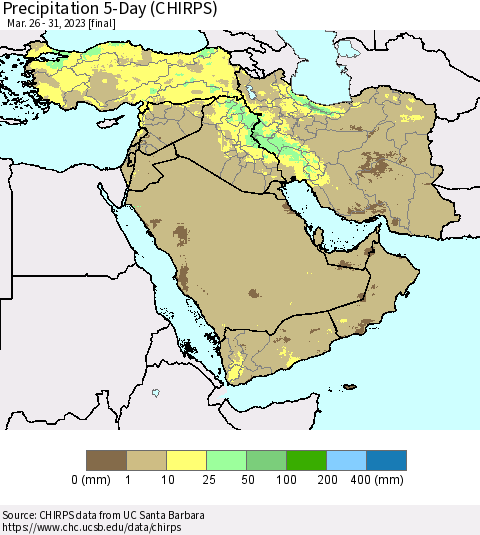 Middle East and Turkey Precipitation 5-Day (CHIRPS) Thematic Map For 3/26/2023 - 3/31/2023