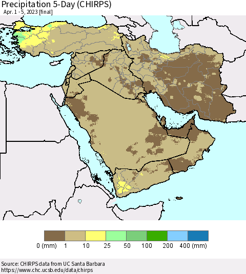 Middle East and Turkey Precipitation 5-Day (CHIRPS) Thematic Map For 4/1/2023 - 4/5/2023