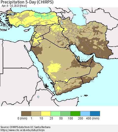 Middle East and Turkey Precipitation 5-Day (CHIRPS) Thematic Map For 4/6/2023 - 4/10/2023