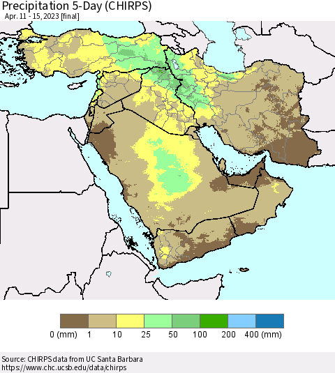 Middle East and Turkey Precipitation 5-Day (CHIRPS) Thematic Map For 4/11/2023 - 4/15/2023