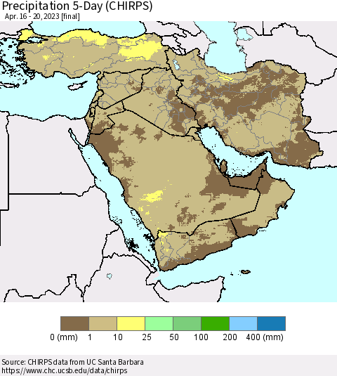 Middle East and Turkey Precipitation 5-Day (CHIRPS) Thematic Map For 4/16/2023 - 4/20/2023