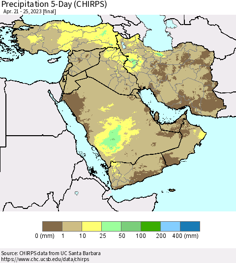 Middle East and Turkey Precipitation 5-Day (CHIRPS) Thematic Map For 4/21/2023 - 4/25/2023