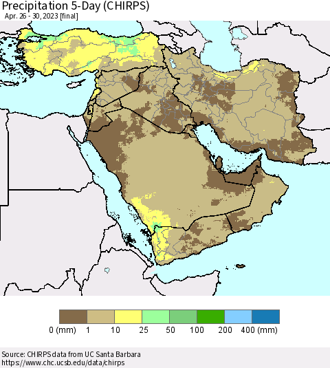 Middle East and Turkey Precipitation 5-Day (CHIRPS) Thematic Map For 4/26/2023 - 4/30/2023