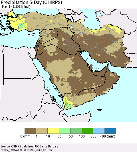 Middle East and Turkey Precipitation 5-Day (CHIRPS) Thematic Map For 5/1/2023 - 5/5/2023