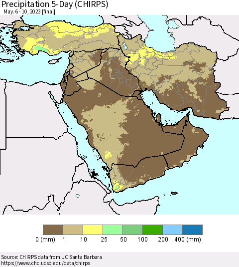 Middle East and Turkey Precipitation 5-Day (CHIRPS) Thematic Map For 5/6/2023 - 5/10/2023