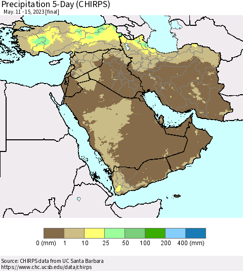 Middle East and Turkey Precipitation 5-Day (CHIRPS) Thematic Map For 5/11/2023 - 5/15/2023