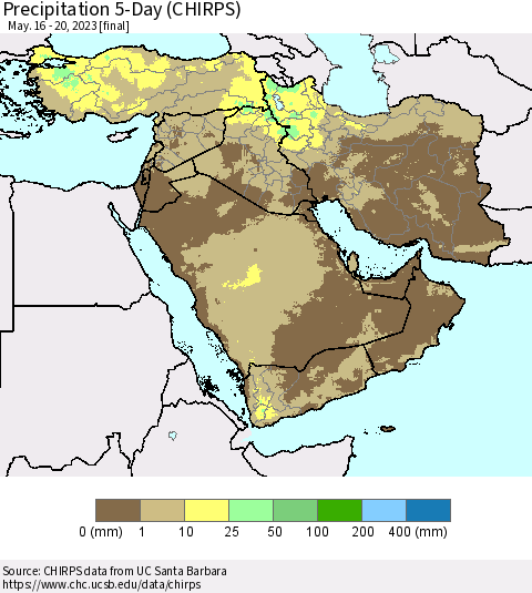 Middle East and Turkey Precipitation 5-Day (CHIRPS) Thematic Map For 5/16/2023 - 5/20/2023