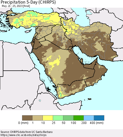 Middle East and Turkey Precipitation 5-Day (CHIRPS) Thematic Map For 5/21/2023 - 5/25/2023