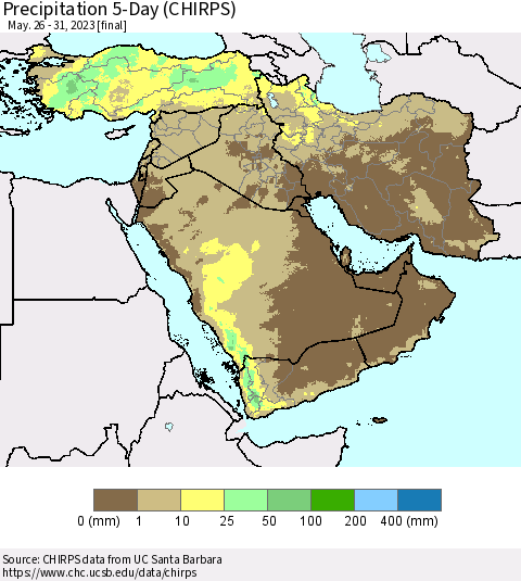 Middle East and Turkey Precipitation 5-Day (CHIRPS) Thematic Map For 5/26/2023 - 5/31/2023
