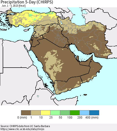 Middle East and Turkey Precipitation 5-Day (CHIRPS) Thematic Map For 6/1/2023 - 6/5/2023