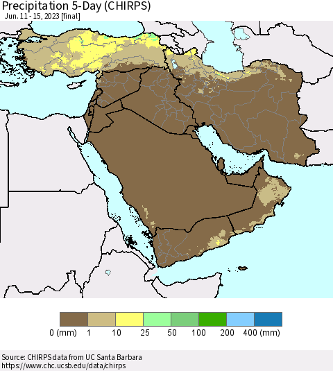 Middle East and Turkey Precipitation 5-Day (CHIRPS) Thematic Map For 6/11/2023 - 6/15/2023